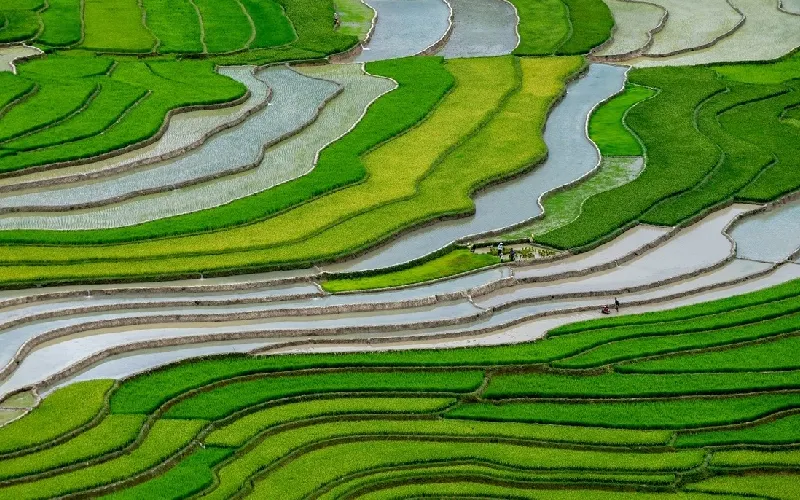 Flooded rice terraces in Mu Cang Chai reflecting the sky during the water-pouring season