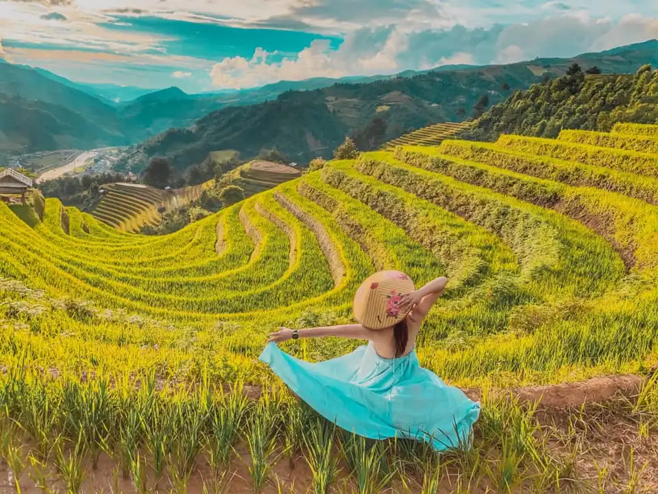 Visitor standing among golden rice terraces during harvest season in Mu Cang Chai